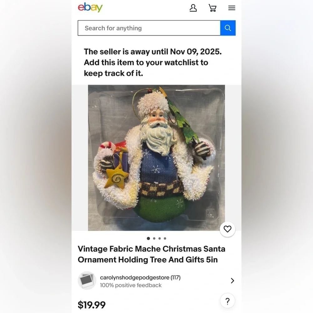 Vintage Santa Claus Holiday-Christmas Ornament Fabric Mache Greeen/Blue EUC